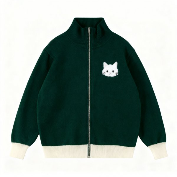 Women's Dark Green Knit Zip-Up Cardigan with White Cat Embroidery