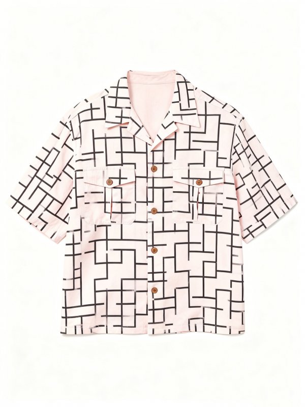 Men's Pink Short-Sleeve Shirt with Black Maze Line Print