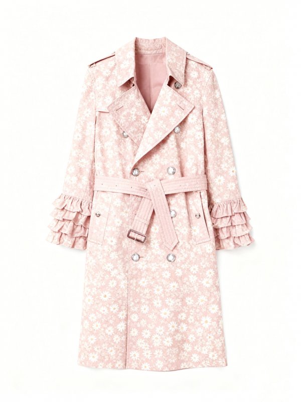 Women's Pink Daisy-Print Trench Coat with Ruffled Cuffs