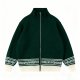 Women's Dark Green Knit Zip-Up Cardigan with White Geometric Stripe Trim