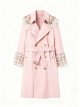 Women's Pink Trench Coat with Lace Trim & Pearl Embellishments