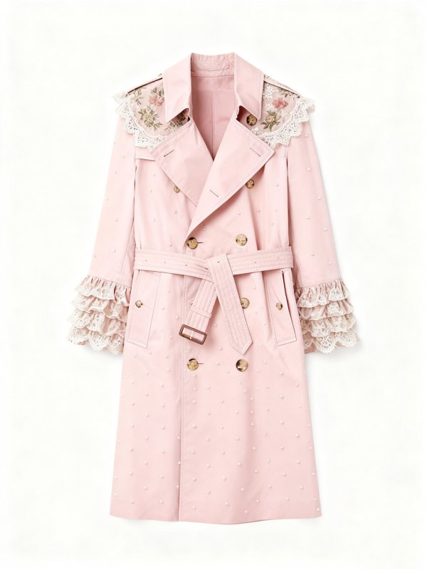 Women's Pink Trench Coat with Lace Trim & Pearl Embellishments