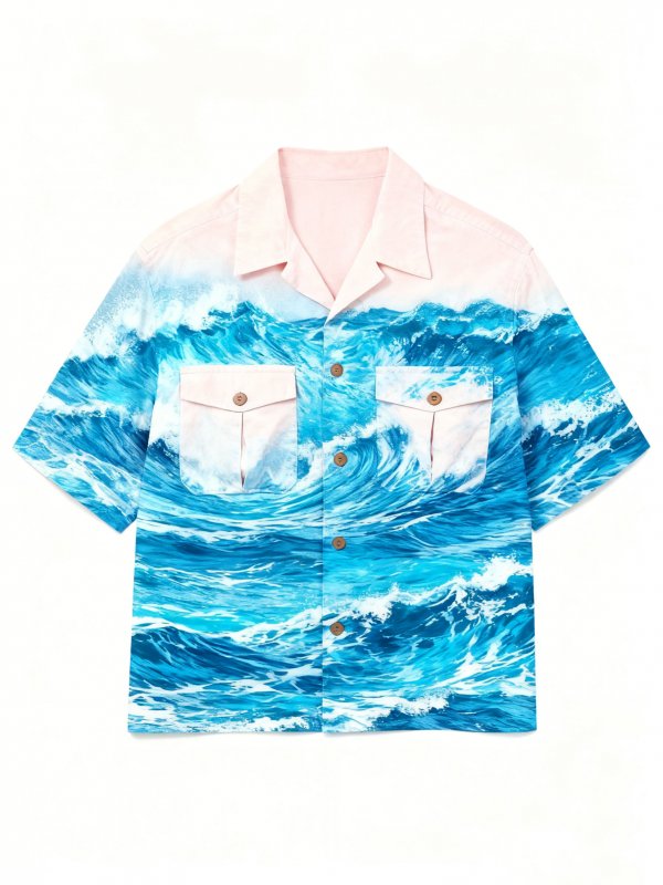 Men's Pink & Blue Short-Sleeve Shirt with Wave Print