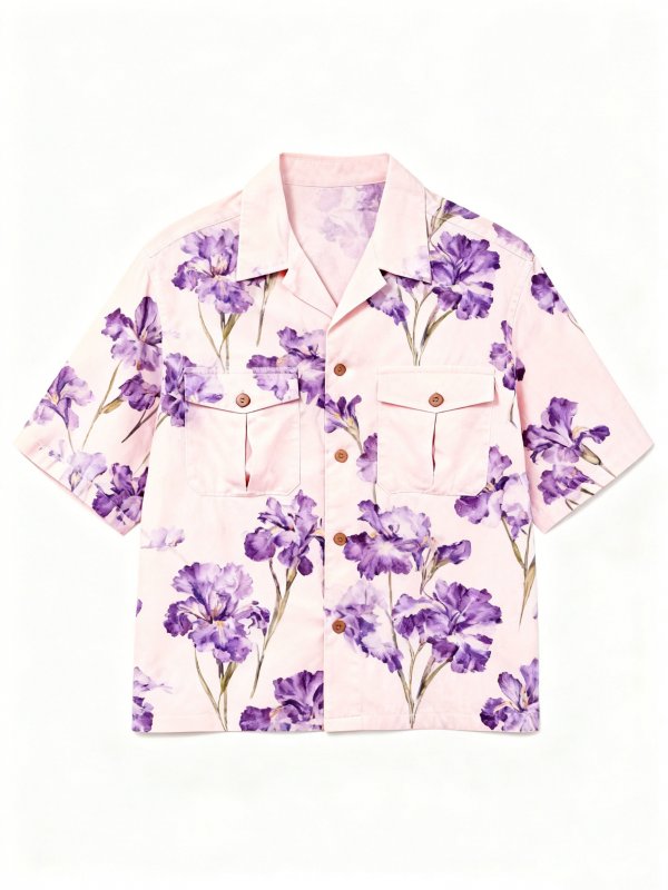 Men's Pink Short-Sleeve Shirt with Purple Iris Print
