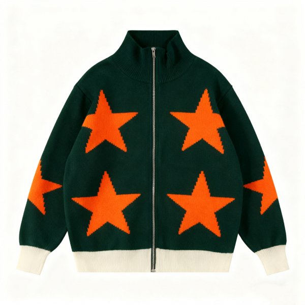 Women's Dark Green Knit Zip-Up Cardigan with Orange Star All-Over Print